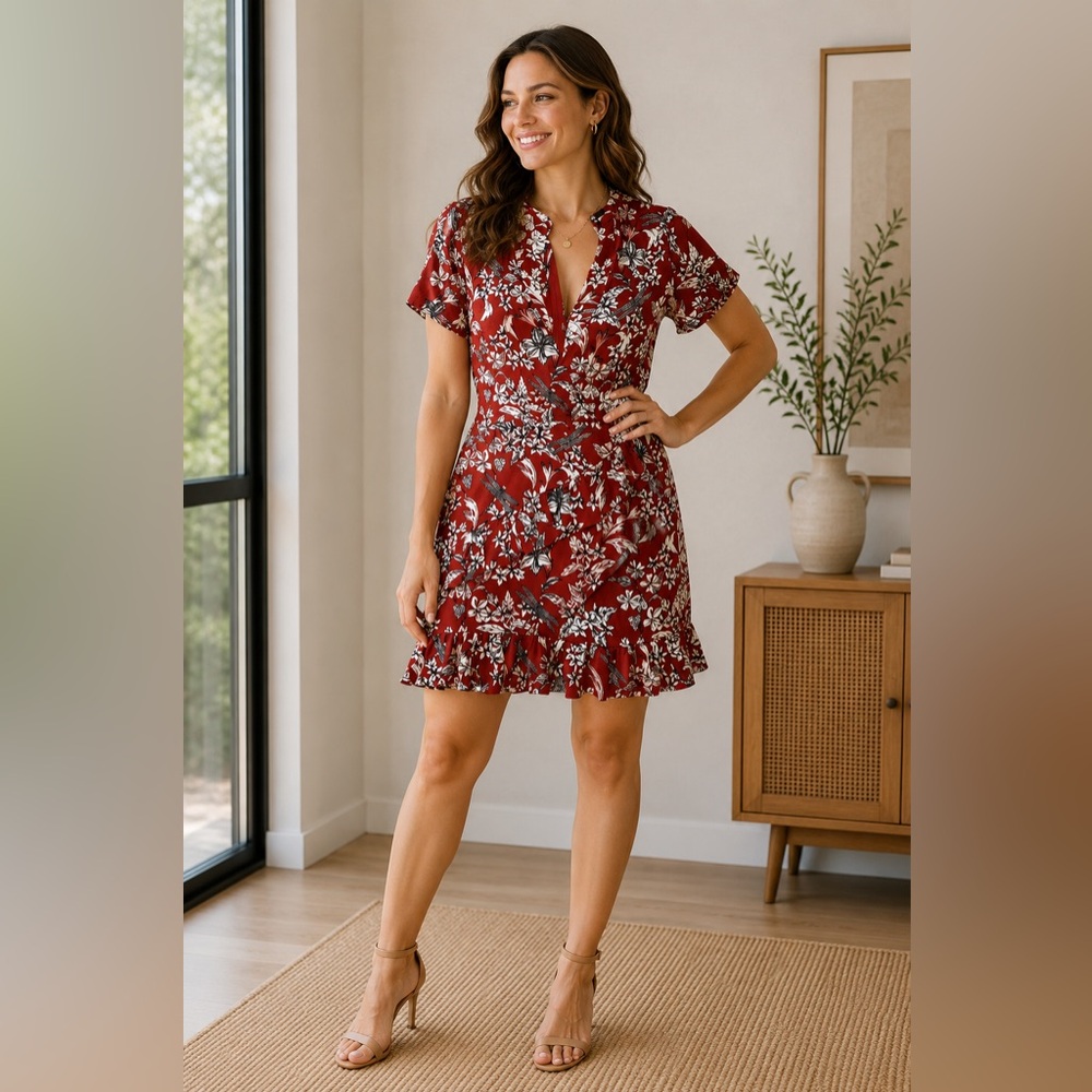 Motel Rocks Red Floral Deep V Ruffle Dress Dragonfly Flowers